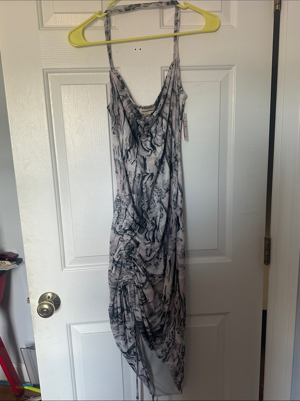 Cowl-Neck Asymmetrical Marble Print Dress in Gray and White